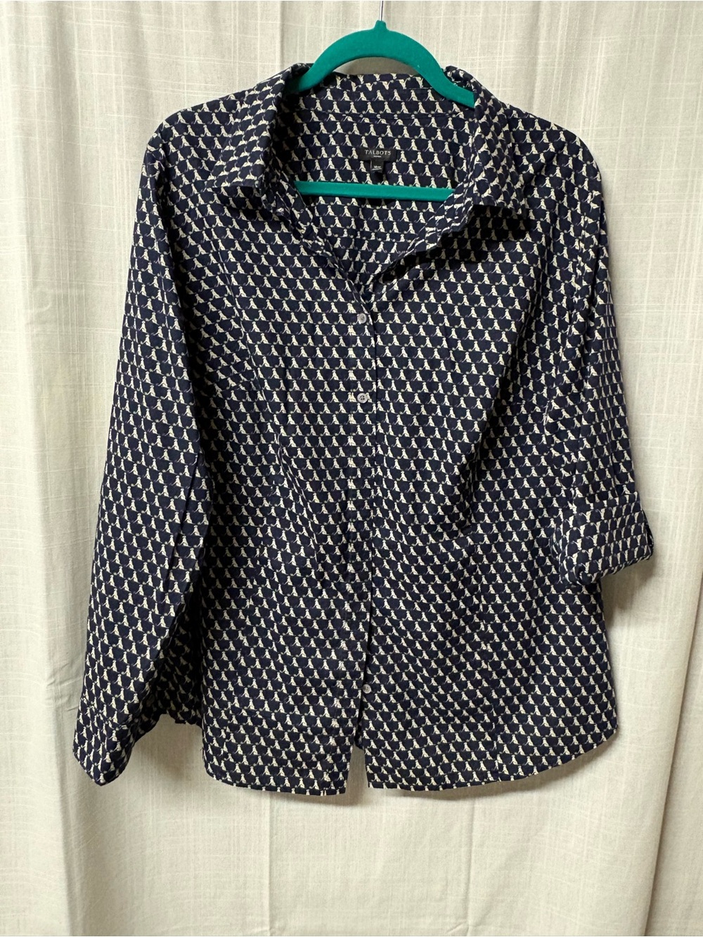 Talbots Patterned Navy Button-Down Shirt with 3/4 Sleeves